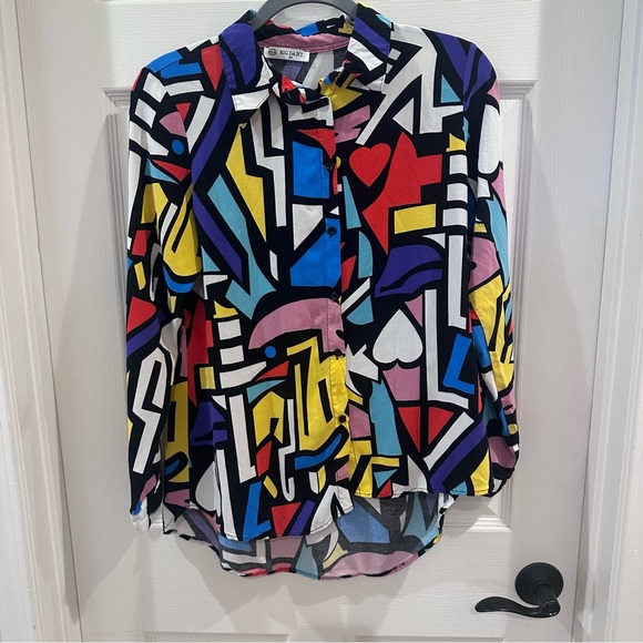 Big Dart Womens 90s Retro Blouse Colorful Geometric Button-Up Shirt Medium - Picture 1 of 6